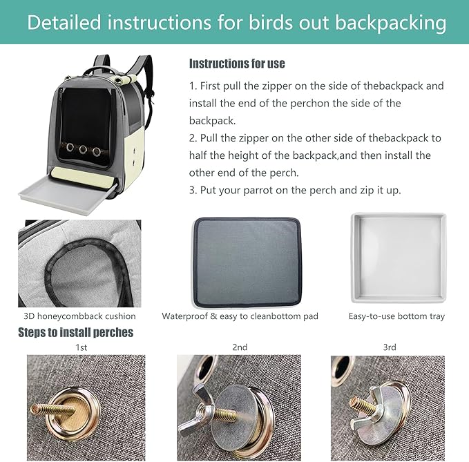 Bird Backpack Carrier,Bird Travel cage Backpack with Tray and Standing Perch,Feeding Tank,Waterproof pad,Used for Parakeets,hornbirds,Lovebirds,Small and Medium-Sized Bird