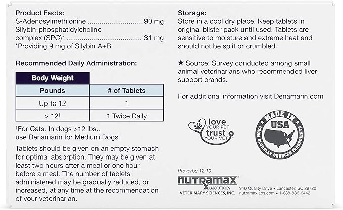 Nutramax Denamarin Liver Health Supplement for Small Dogs and Cats - with S-Adenosylmethionine (Same) and Silybin, 30 Tablets