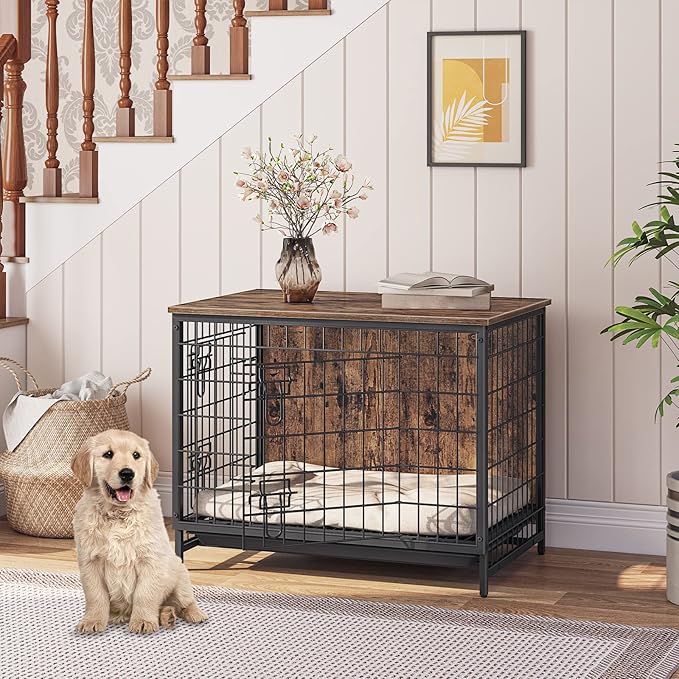 Dog Crate Furniture, Wooden Dog Kennel with Removable Tray, Heavy-Duty Dog Cage for Small/Medium/Large Dogs, Indoor Dog House End Side Table, 31.5" L, Rustic Brown DCHR0201Z