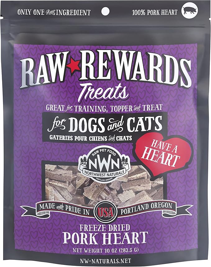 Northwest Naturals Raw Rewards Freeze-Dried Pork Heart Treats for Dogs and Cats - Bite-Sized Pieces - Healthy, 1 Ingredient, Human Grade Pet Food, All Natural - 10 Oz (Packaging May Vary)