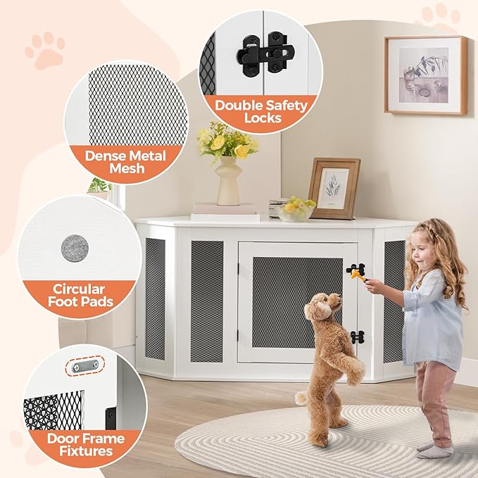 Corner Dog Crate Furniture, Wooden Dog Kennel End Table, Decorative Pet Crate Indoor Use, Furniture Style Dog House for Small Medium Dog, Dog Cage TV Stand, White and Black DCWT0801