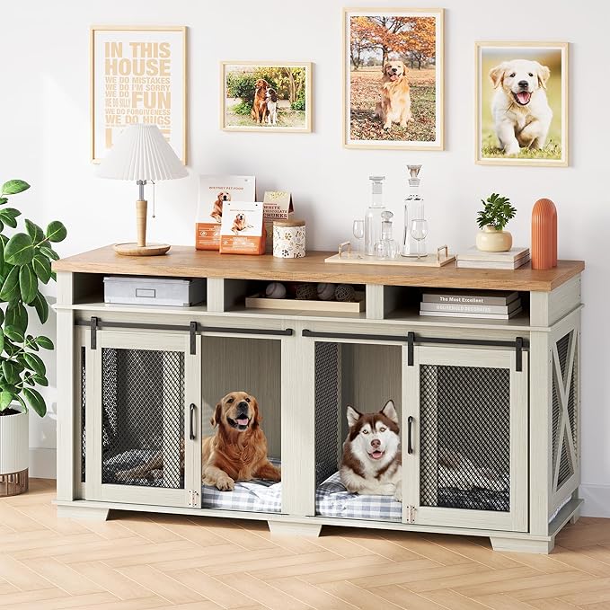 71" Extra Large Dog Crate Furniture, Wooden Double Dog Crates Kennel Cage,Furniture Style TV Stand Side End Table for 2 Dogs with Removable Divider for Large Dogs,3 Storage,White/Light Oak