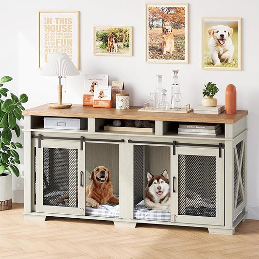 Dog Crate Furniture, 71" Heavy Duty Dog Kennel with 3 Storage Cubby for 2 Dogs, Versatile Dog House with Removable Divider and 2 Sliding Barn Door for Large Dog, White/Light Oak