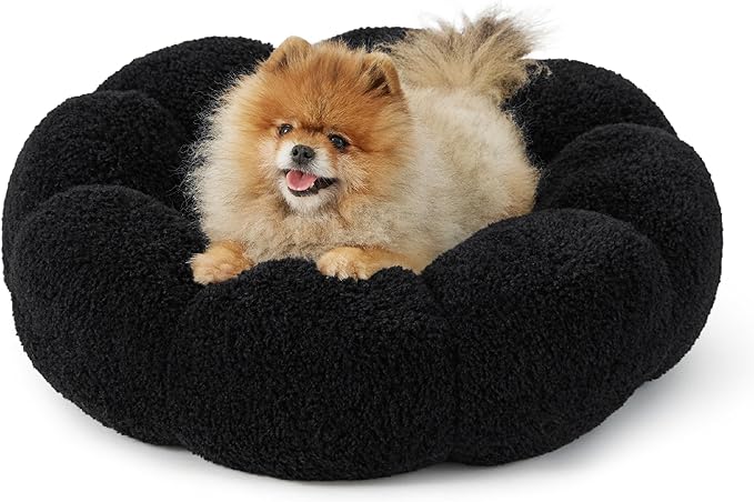 Lesure Calming Small Dog Bed - Flower Donut Round Fluffy Puppy Bed in Plush Teddy Sherpa, Non-Slip Cute Flower Cat Beds for Indoor Cats, Small Pet Bed Fits up to 25 lbs, Machine Washable, Black 23"