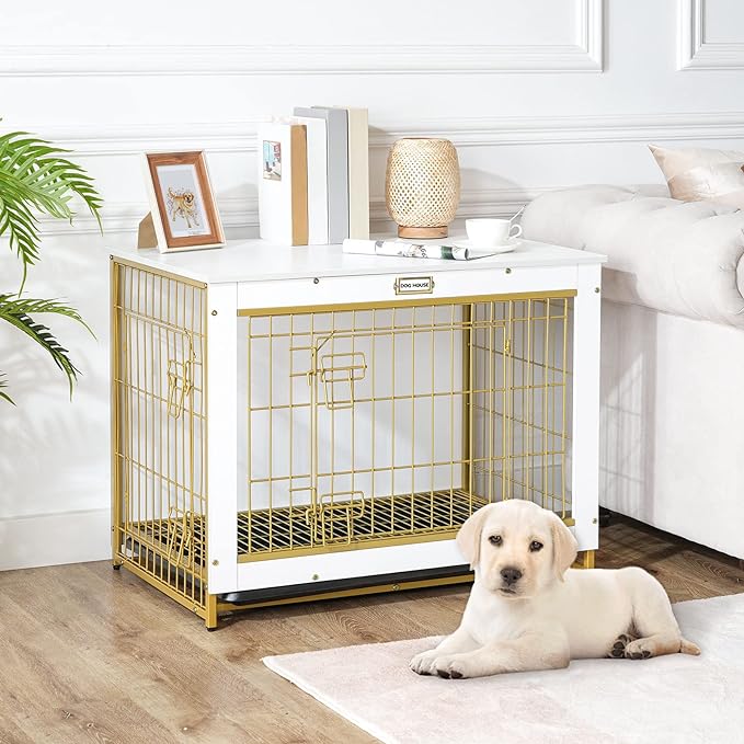 HOOBRO Dog Crate Furniture, Indoor Dog Kennel, Wooden Dog Furniture with Pull-Out Tray, Double Doors Dog House, Modern Side End Table for Medium/Large/Small Dog, 32.5" L, White DW802GW03