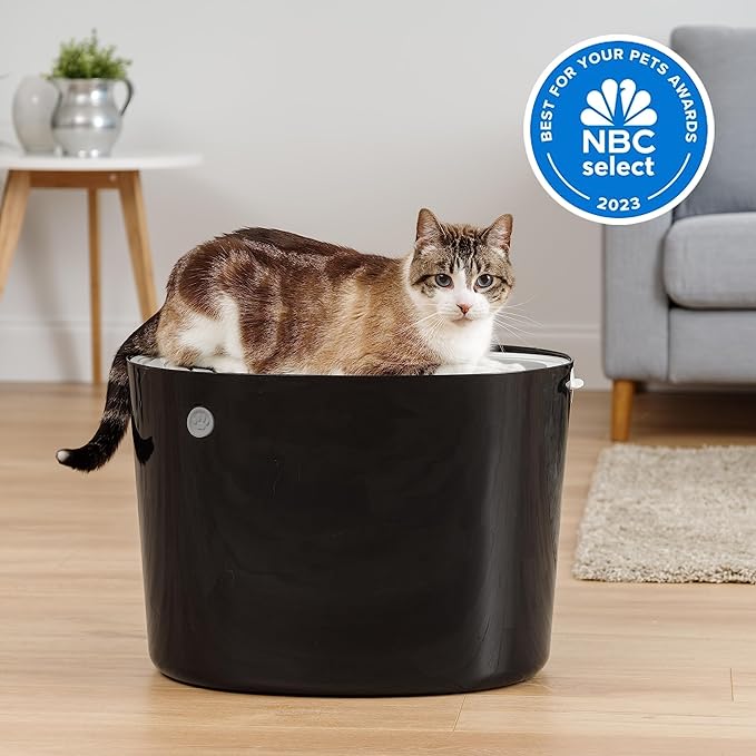 IRIS USA Large Top Entry Cat Litter Box with Scoop, Stylish Round Cat Litter Box Enclosure, Kitty Litter Box, Black/Gray