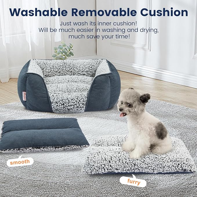 Miguel Washable Dog Bed with Removable Cushion for Medium Small Dogs, Easy to Wash Pet Sofa Bed with Side, Rectangle Bolster Cat Bed Calming Cuddle Puppy Bed with Anti-Slip Bottom, Blue 30 Inch