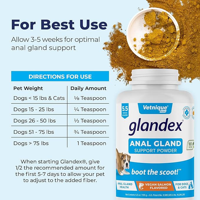 Glandex Dog Fiber Supplement Powder for Anal Glands with Pumpkin, Digestive Enzymes & Probiotics - Vet Recommended Healthy Bowels and Digestion - Boot The Scoot (Vegan Salmon, 5.5oz Powder)