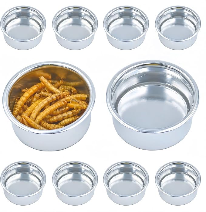 Crested Gecko Food and Water Feeding Metal Cups, Reptile Feeder Bowls, for Lizard and Other Small Pet Ledge Accessories Supplies - 10 Metal Cups