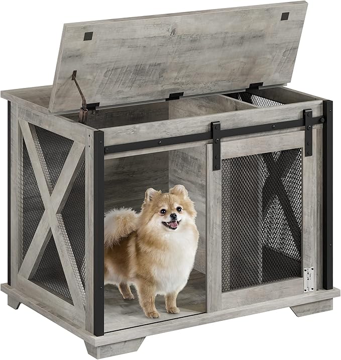 Furniture Style Dog Crate End Table with Sliding Barn Door, Indoor Dog Kennel Furniture with Removable Divider, Flip Top Dog Crate Table, Dog House,Dog Crate Furniture, Grey