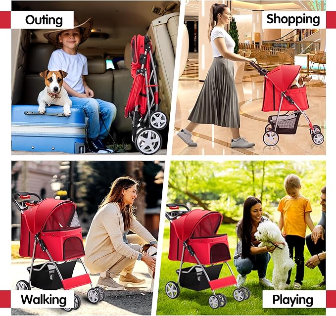 Pet Stroller 4 Wheels Dog Cat Stroller for Medium Small Dogs Cats, Folding Cat Jogger Stroller with Storage Basket & Breathable Mesh, Easy to Walk Travel Carrier, Red