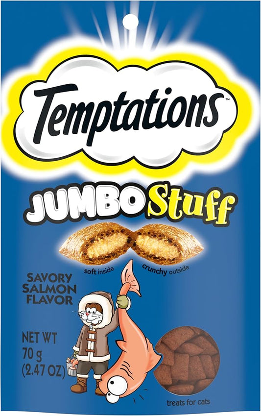 Temptations Jumbo Stuff Crunchy and Soft Cat Treats Savory Salmon Flavor, 2.5 oz. Pouch (Pack of 12)