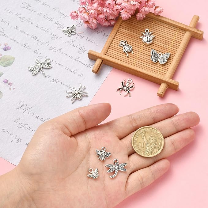 Stiesy 100 Pcs Insect Themed Tibetan Alloy Charms Vintage Dragonfly Bee Spider Cicada Ladybird Charms for DIY Crafts Keychain Making