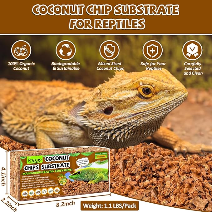 Legigo 2 Pack Coco Husk Substrate for Reptiles, Natural Coconut Chip Reptiles Bedding, Compressed Coco Husk Chips Terrarium Substrate for Snake, Tortoise, Ball Python, Gecko, Lizard, Bearded Dragon