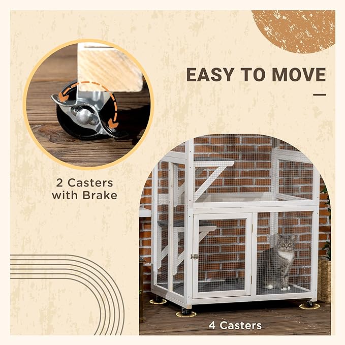 74 Inch Wooden Catio Outdoor Cat Enclosure on Wheels, Luxury Kitty-House with Resting House, 2 Jumping Platforms & Weatherproof Asphalt Roof, Kitty Condo Cage Shelter Playpen