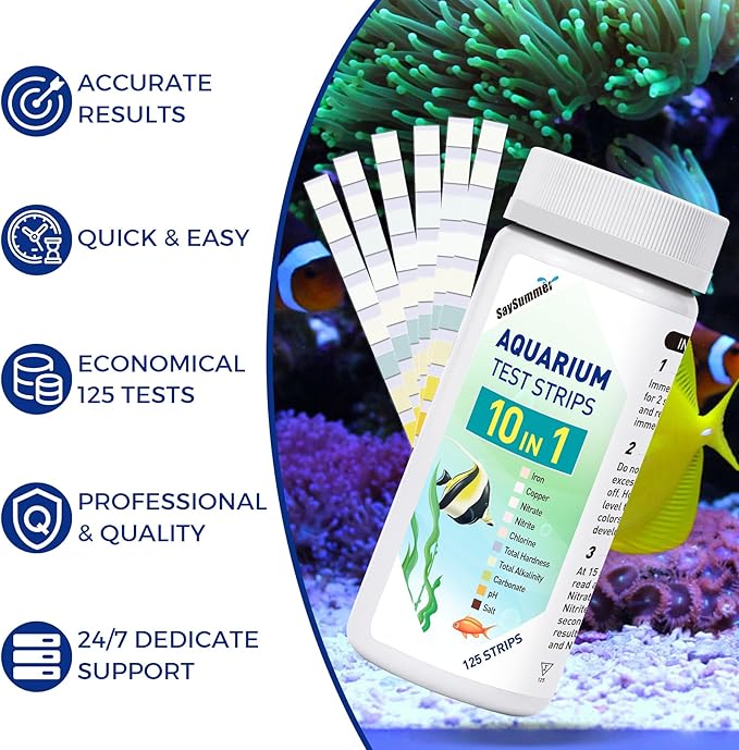 Aquarium Test Strips for Saltwater Tank: 10-in-1 125 Counts Salt Water Aquarium Water Test Kit, Fish Tank Test Strips for Testing Salt Chlorine Copper Nitrate pH and More, AQSTTN24