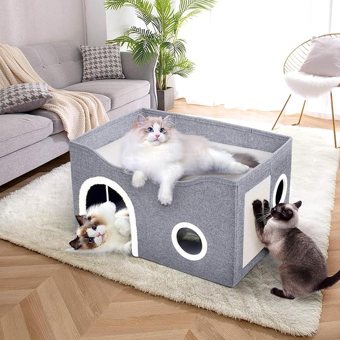 Heeyoo Cat House for Indoor Cats - Large Cat Bed Cave with Fluffy Ball and Scratch Pad, Foldable Cat Condos, Cat Cubes, Cat Hideaway, Covered Cat Bed