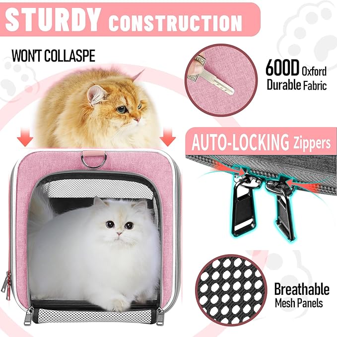 Top Open Pet Carrier Big Maine-Coon Cat 17 lbs, Ventilated Cloth Travel Kitty Soft Sturdy Carrying Crate Vet Visit, Toy-Breed Dod Carry Bag Puppy 10lbs, Pet Cages Chihuahuas Mini Dog Needs Pink