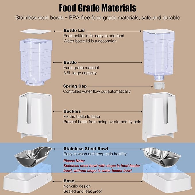 Automatic Cat Feeder and Cat Water Dispenser Set with Stainless Steel Bowls Gravity Dog Feeder for Small Medium Big Dog Pets Puppy Kitten, 1 Gallon x 2