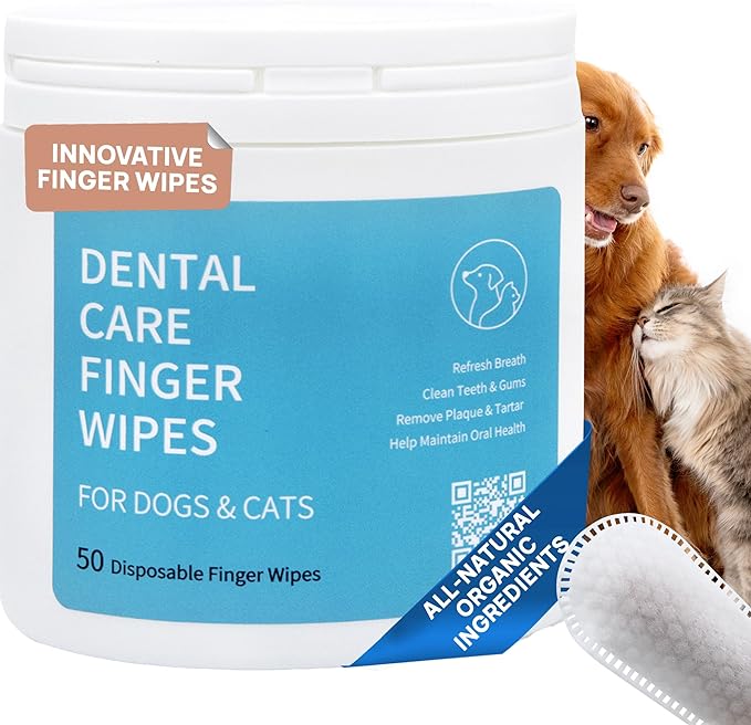 Spanielbuns Dog Dental Wipes for Cats & Dogs Teeth Cleaning - Dog Breath Freshener, Tartar Remover, All Natural Ingredients Dog Dental Care, 50ct Pre-Soaked Finger Toothbrush Wipes, No Hard Toothbrush