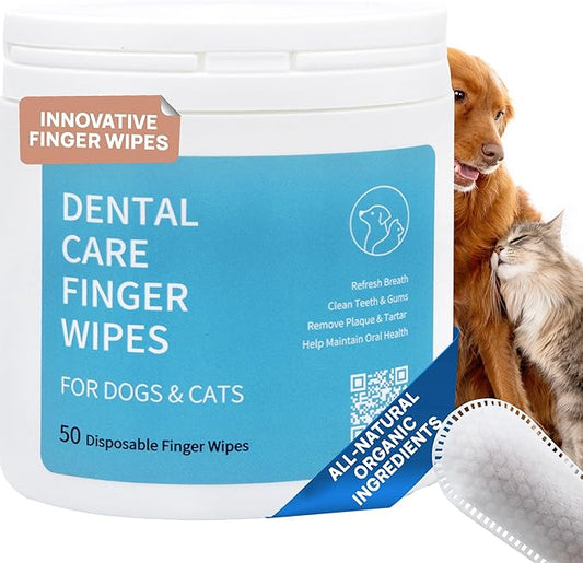 Spanielbuns Dog Dental Wipes for Cats & Dogs Teeth Cleaning - Dog Breath Freshener, Tartar Remover, All Natural Ingredients Dog Dental Care, 50ct Pre-Soaked Finger Toothbrush Wipes, No Hard Toothbrush