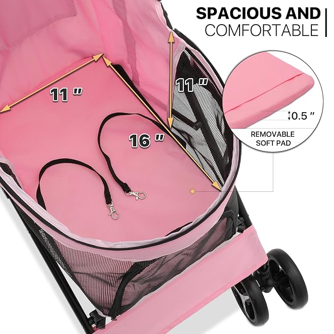 MoNiBloom 4 Wheels Pet Stroller, Easy-Fold Puppy Cage Jogger Stroller with Sun Cover, Pad and Rear Storage Bag, Breathable and Visible Mesh for Small/Medium Pets up to 22 lbs, Pink