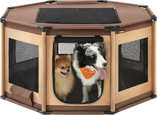 Feandrea Dog Playpen, Oxford Fabric Dog Fence, Octagon Dog Crate, L, 44.1 x 44.1 x 24.4 Inches, PVC Pipe Frame, Breathable Mesh, Double Openings, Walnut Brown and Camel Brown UPDC003K01