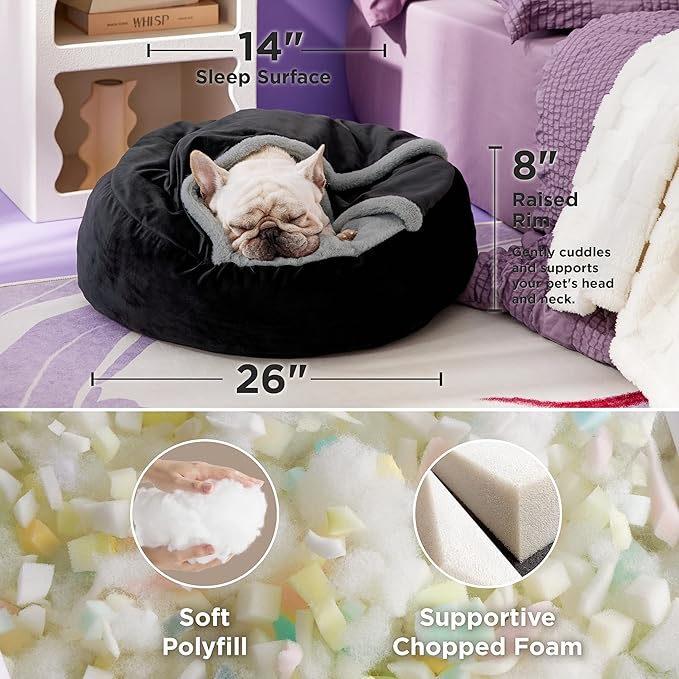 Lesure Medium Dog Bed with Cover Cave - Covered Round Dog Bed for Small and Medium Dogs, Machine Washable Burrow Pet Bed with Hooded Blanket, Cozy Cave Dog Bed with Anti-Slip Bottom, Black 26"