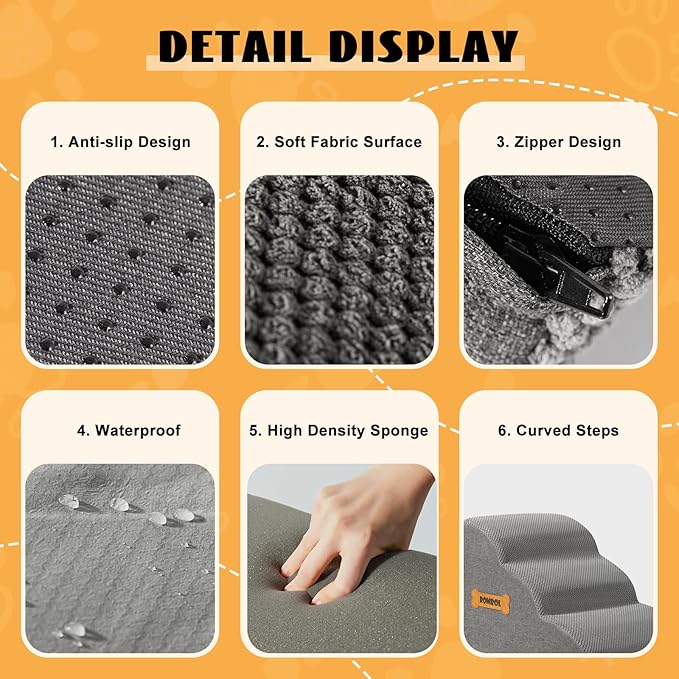 Dog Stairs Ramp for Bed, 15.7”H 3 Step Extra Wide High Density Memory Foam Pet Steps for Small Dogs puppy Cats, with Durable Non-Slip Waterproof Fabric Cover, Dog Slope Stairs Steps, Grey