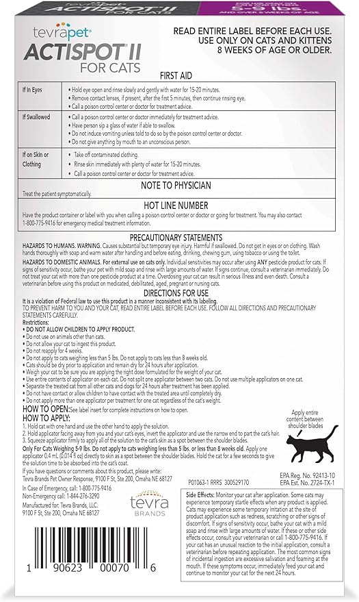 TevraPet Actispot II Flea Treatment for Small and Medium Cats 5-9 lbs | 6 Doses | Powerful Prevention and Control, Clear