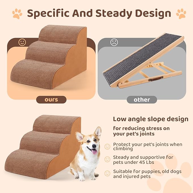 Dog Stairs for Small Dogs, 3-Tier Dog Steps for Couch and Bed High Density Foam Pet Stairs for Small Dogs and Cats, Pet Steps with Non-Slip Bottom for Doggies, Old Dog and Injured Pets, Camel