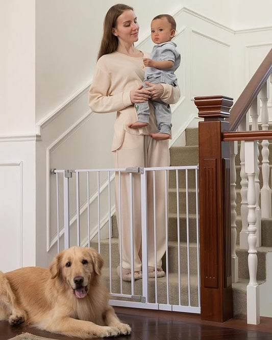 InnoTruth Baby Gate for Stairs 28.9-42.1" Wide, 30" Tall Easy Step Walk Through Expandable Dual Lock Dog Gates for The House, Metal Pressure Mounted Easy Install Pet Gate for Dogs, White