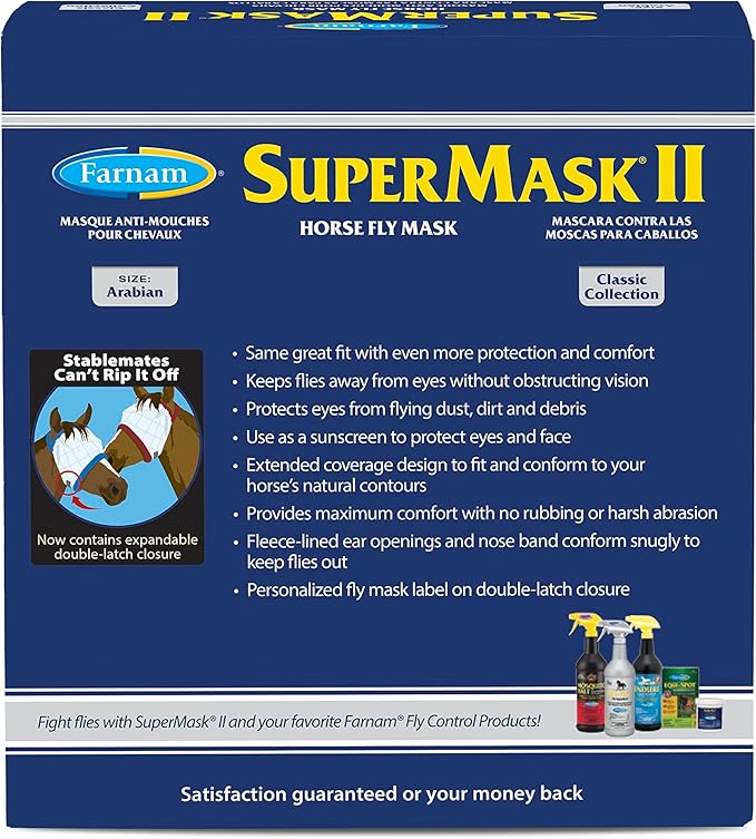 Farnam SuperMask II Fly Mask Without Ears for Smaller Horses or Arabian Horses,Full Face Coverage & Eye Protection from Insect Pests, Structured Classic Mesh with Plush Trim,Small Horse/Arabian Size