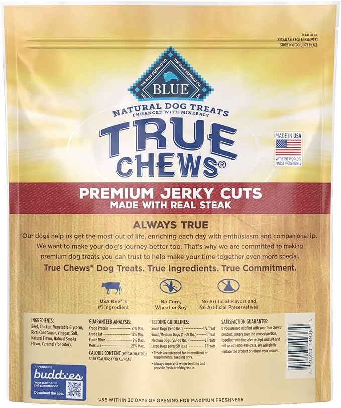 Blue Buffalo True Chews Premium Jerky Cuts Natural Dog Treats, Steak 30 oz Bag