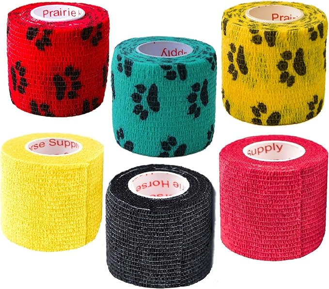 Prairie Horse Supply 2 Inch Vet Wrap Tape Bulk (Red, Yellow, Black and Black Paw Prints on Yellow, Red, Teal) (Pack of 6) Self Adhesive Adherent Adhering Flex Bandage Grip Roll for Dog Cat Pet