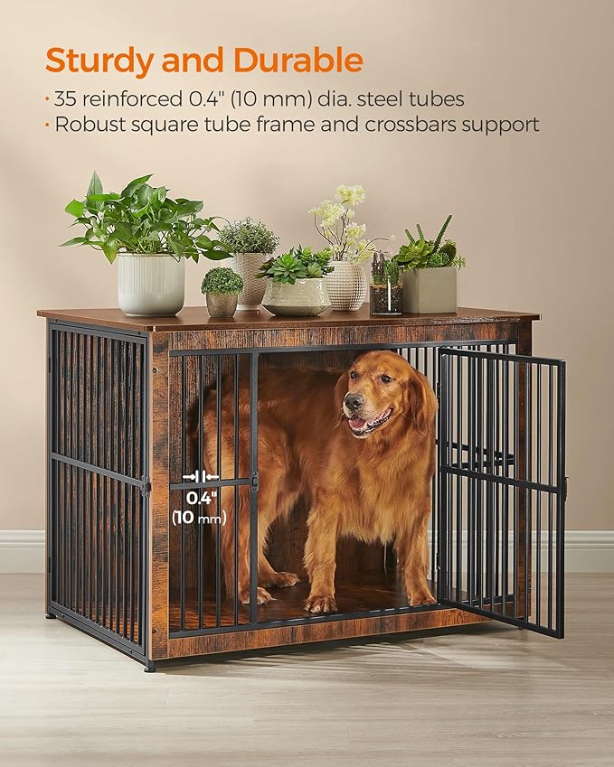 Feandrea Dog Crate Furniture, Side End Table, Modern Kennel for Dogs Indoor up to 80 lb, Heavy-Duty Dog Cage with Enclosed Base, Double-Door Dog House, Rustic Brown UPFC024X01