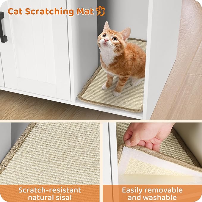 DWANTON Litter Box Enclosure, Cat Litter Box Furniture Hidden, with Scratching Mat, Wooden Cat Washroom Indoor, Fit Most of Litter Box, 31.5" L x 19.7" W x 21.7" H, White+Dark Gray