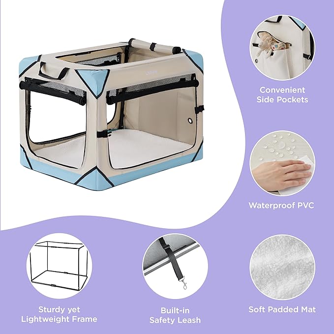 Lesure Collapsible Dog Crate - Portable Dog Travel Crate Kennel for Large Dog, 4-Door Pet Crate with Durable Mesh Windows, Indoor & Outdoor (Beige)