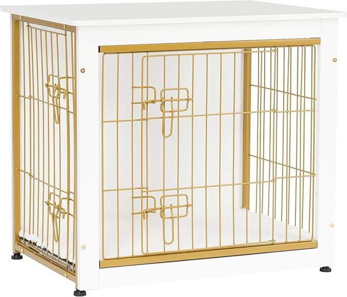 DWANTON Dog Crate Furniture with Cushion, Wooden Dog Crate with Double Doors, Dog Furniture, Dog Kennel Indoor for Small/Medium/Large Dog，End Table, Small, 27.2" L, White