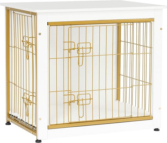 DWANTON Dog Crate Furniture with Cushion, Wooden Dog Crate with Double Doors, Dog Furniture, Dog Kennel Indoor for Small/Medium/Large Dog，End Table, Small, 27.2" L, White