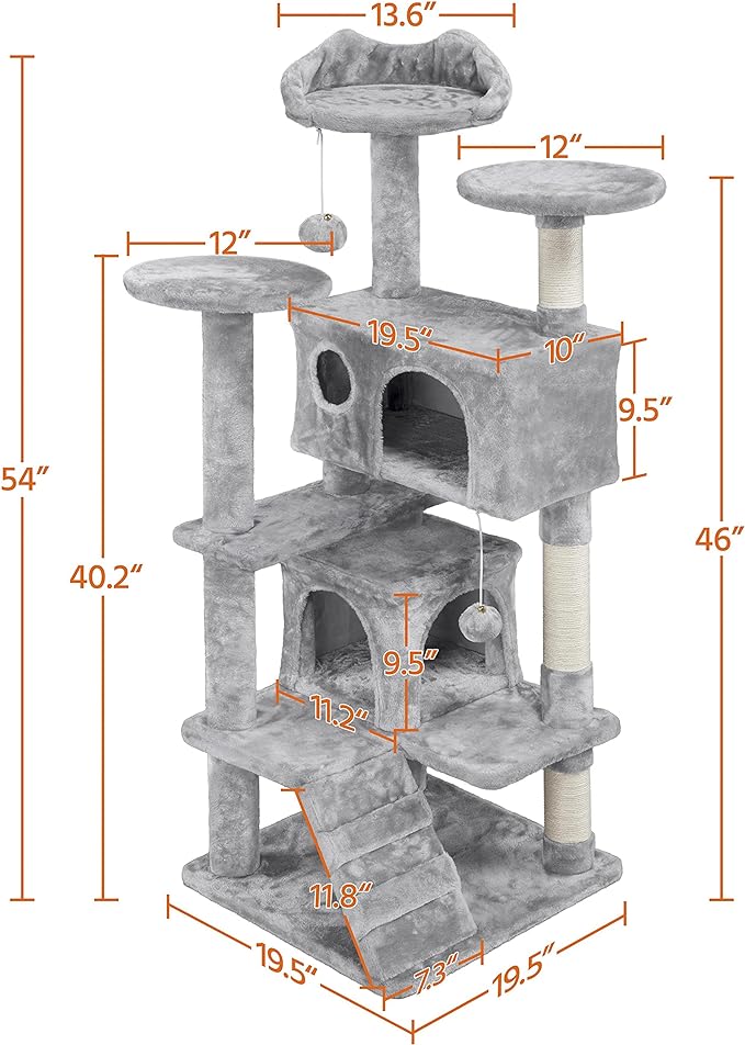 Yaheetech 54in Cat Tree Cat Tower w/Scratching Posts, Double Condos and Dangling Balls Kittens Pet House Play, Light Gray