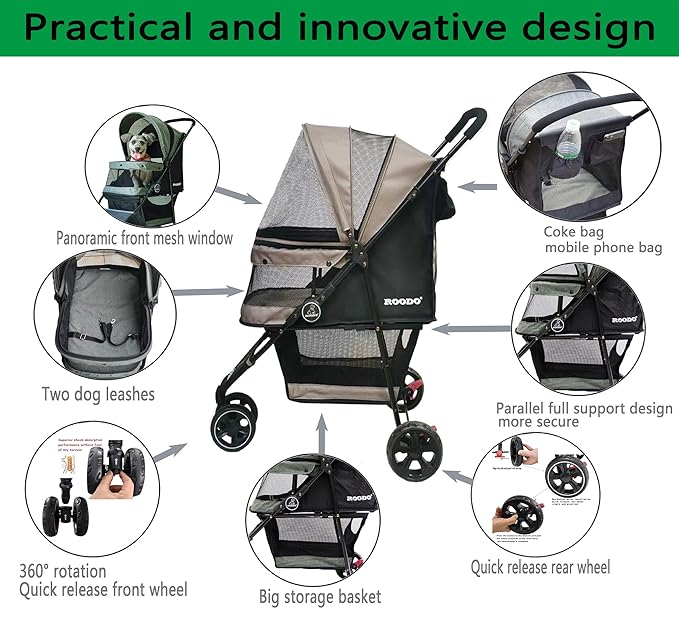 ROODO Escort 3Wheel Dog Stroller Cat Stroller Pet Stroller for Small Dogs and Cats,with Removable Liner Storage Basket and Cup Holder,Lightweight Pet Gear Foldable Jogger Travel System(Grey)