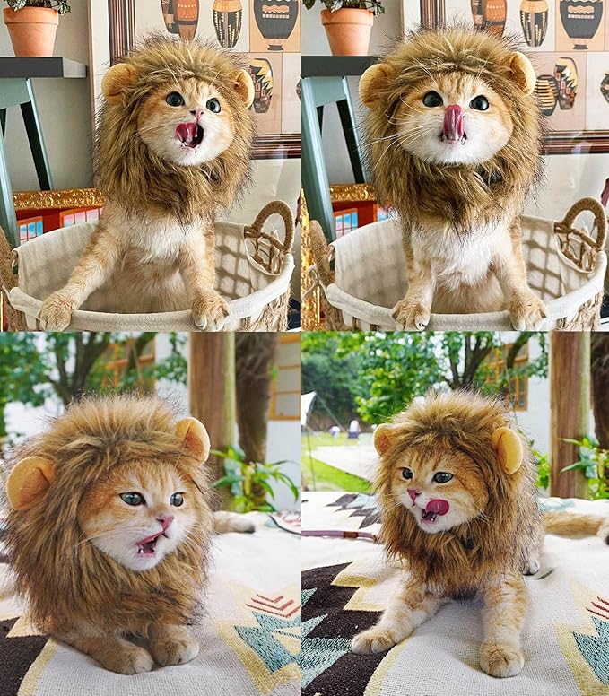 Lion Mane Wig for Cat Costume Pet Adjustable Washable Comfortable Fancy Lion Hair Cat Clothes Dress for Halloween Christmas Easter Festival Party Activity (Brown)