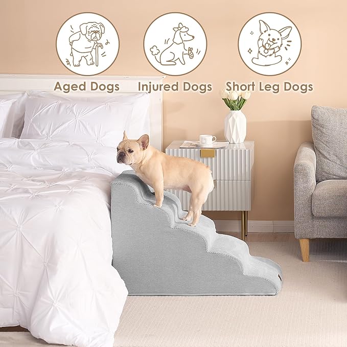EHEYCIGA Curved Dog Stairs for High Beds 22.6" H, 5-Step Dog Steps for Small Dogs and Cats, Pet Stairs for High Bed Climbing, Non-Slip Balanced Pet Step Indoor, Light Grey