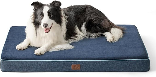 Bedsure Memory Foam Large Plus Dog Bed - Orthopedic Waterproof Dog Bed for Crate with Removable Washable Cover and Nonskid Bottom - Plush Flannel Fleece Top Pet Bed, Navy