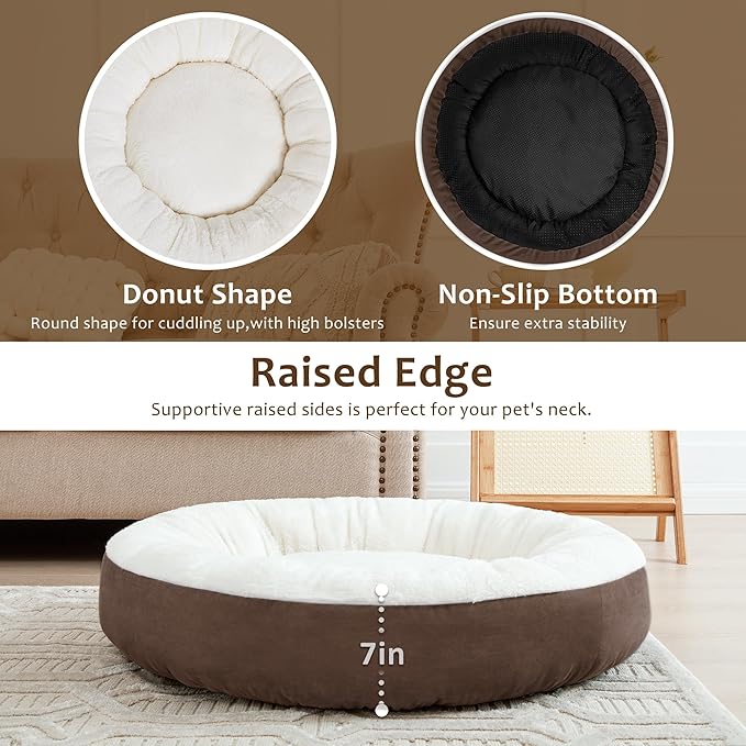 Love's cabin Round Donut Cat and Dog Cushion Bed, 30in Pet Bed for Medium or Large Dogs, Anti-Slip & Water-Resistant Bottom, Soft Durable Fabric Pet beds, Washable Calming Cat & Dog Bed Brown