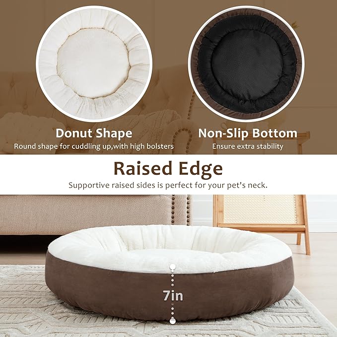 Love's cabin Round Donut Cat and Dog Cushion Bed, 25in Pet Bed for Small or Medium Dogs, Anti-Slip & Water-Resistant Bottom, Soft Durable Fabric Pet Beds, Washable Calming Cat & Dog Bed Brown