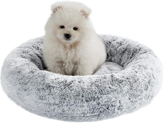 Best Friends by Sheri SnuggleSoft Faux Rabbit Fur Memory Foam Calming Donut Bed for Small Dogs and Cats, Grey, 18" x 18"