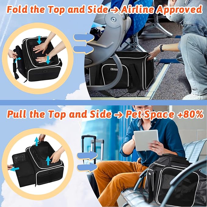 Top and Side Expandable Pet Carrier 17x11x9.5 Inches Alaska Airline Approved, Soft-Sided Carrier for Small Cats and Dogs with Locking Safety Zippers and Anti-Scratch Mesh(Black)