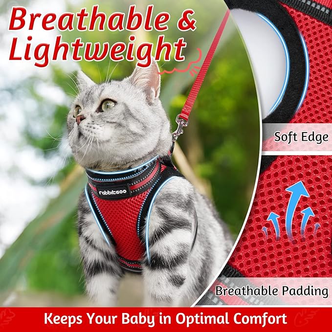 rabbitgoo Cat Harness and Leash Set for Walking Escape Proof, Adjustable Soft Kittens Vest with Reflective Strip for Cats, Comfortable Outdoor Vest, Red, S